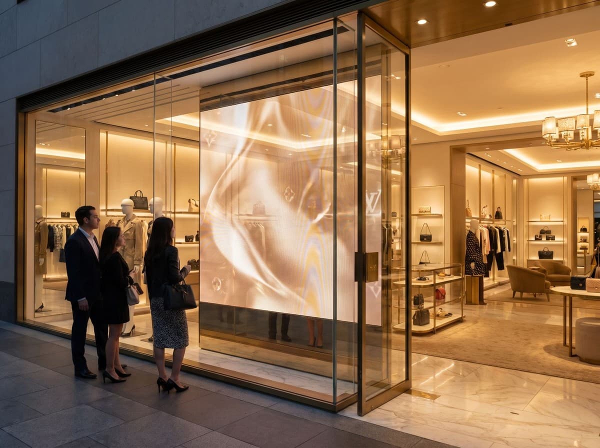 Vitrină de lux cu ecran LED transparent, trecători privind afișajul