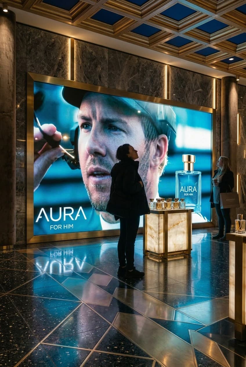 Ecran LED transparent într-o vitrină de lux, campanie de parfum